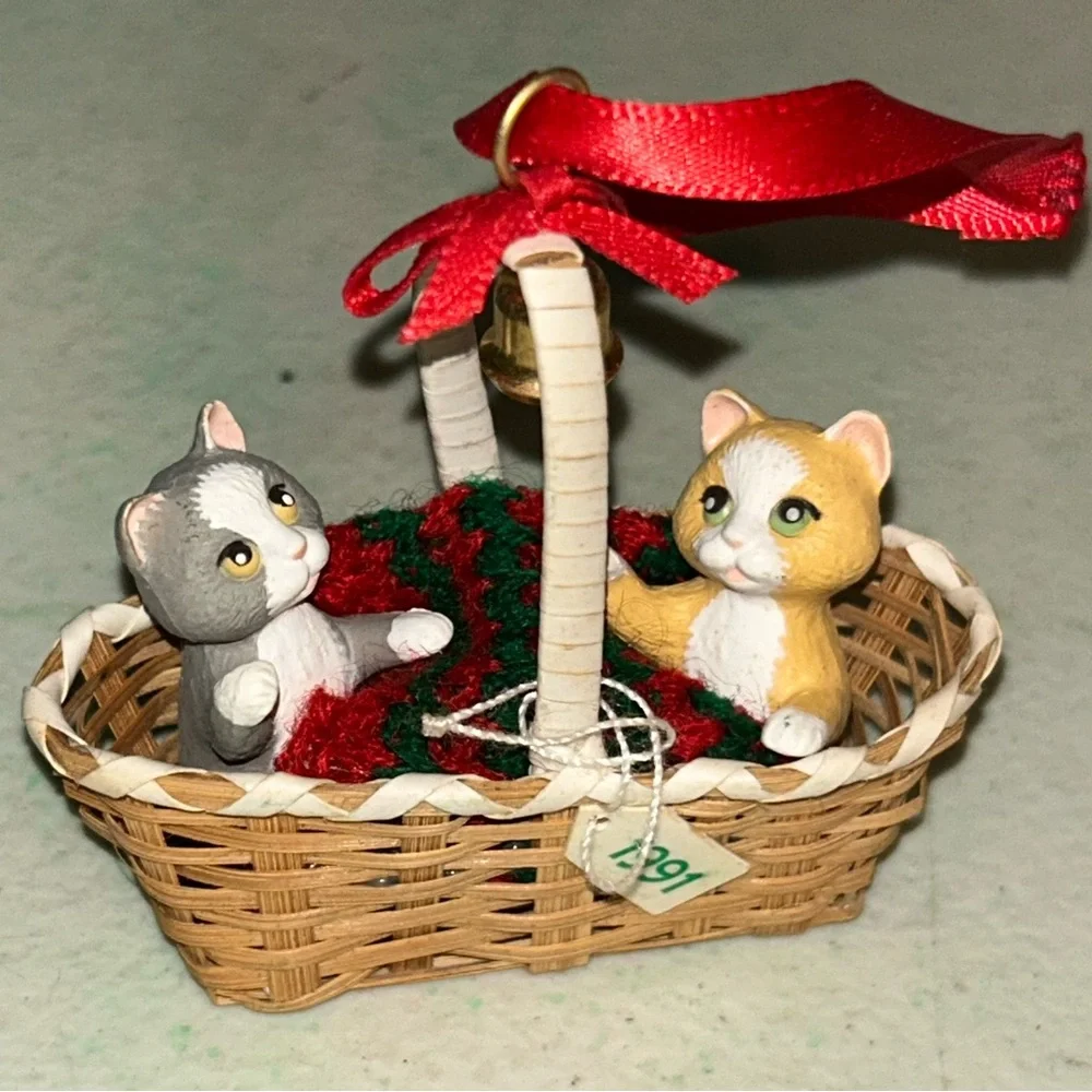 2 Hallmark Keepsake Ornaments 1991 Basket Bell Players & 1990 Christmas Kitty